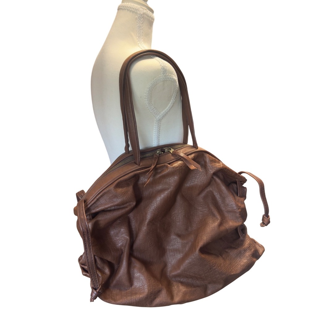 JWM Derr Bend Oregon Brown Leather Croc Embossed Slouchy Tote Shoulder Bag